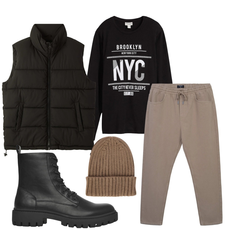 Outfit uomo - Total look #2347186. Stile Urban per Tutti i giorni. Abbinamento con maglieria, anfibi, piumini, pantaloni, berretti.