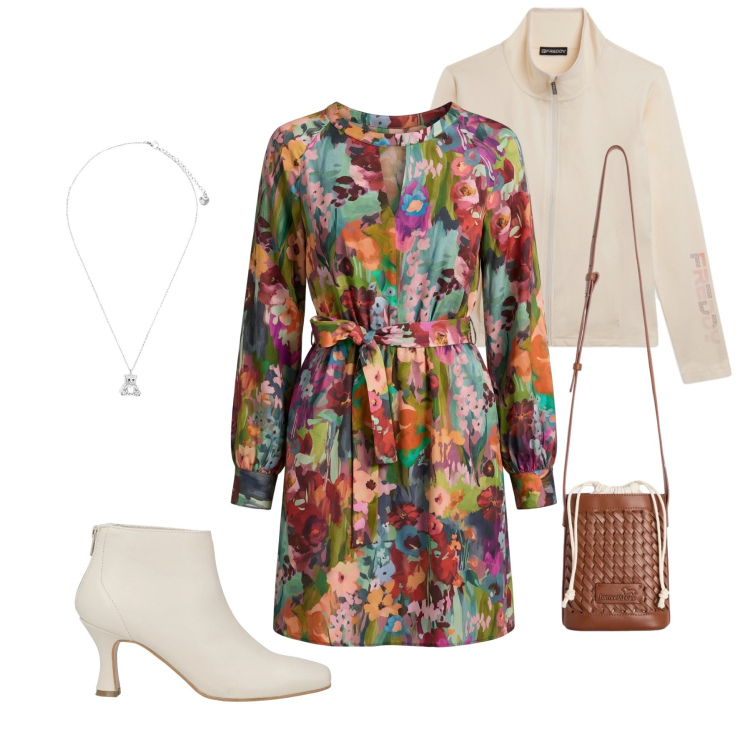 Outfit donna - Vibrazioni Floreali. Stile Casual chic per Tutti i giorni. Abbinamento con stivaletti, borse a secchiello, vestiti corti, ciondoli, felpe sportive.