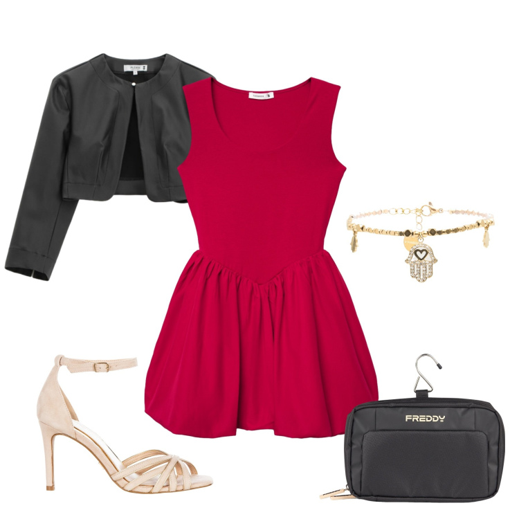 Outfit donna - Audacia in Rosso. Stile Glamour per Tutti i giorni. Abbinamento con vestiti corti, braccialetti, valigie, blazer, sandali col tacco.