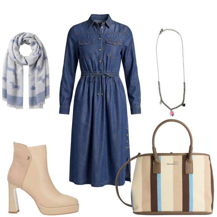 Outfit donna - Blue Denim Chic. Stile Casual chic per Tutti i giorni. Abbinamento con stivaletti, shopping bag, vestiti chemisier, sciarpe, ciondoli.