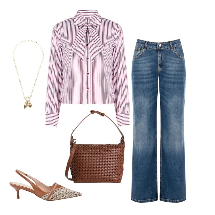 Outfit donna - Eleganza a Righe e Denim. Stile Casual chic per Tutti i giorni. Abbinamento con borse a spalla, décolleté, camicie, jeans, ciondoli.