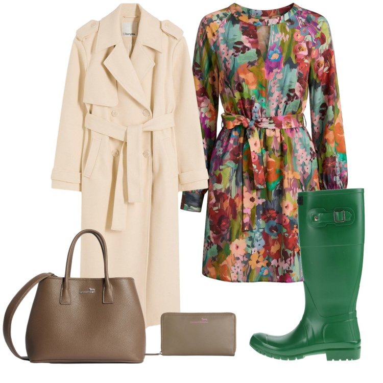 Outfit donna - Marzo pazzerello. Stile Casual chic per Tutti i giorni. Abbinamento con stivali di gomma, trench, vestiti corti, borse a tracolla, portafogli.