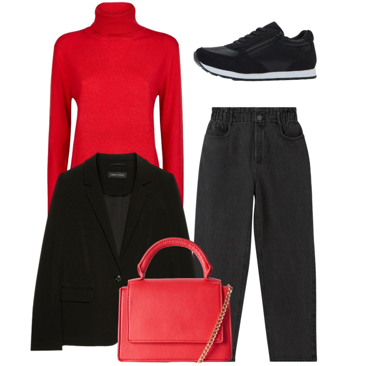 Outfit donna - Total look. Stile Casual per Tutti i giorni. Abbinamento con sneakers, jeans, borse a tracolla, blazer, maglieria.