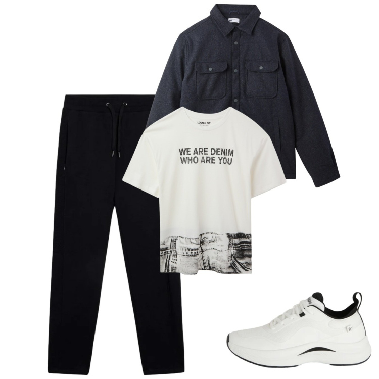 Outfit uomo - Febbraio. Stile Casual per Tutti i giorni. Abbinamento con t-shirt, cappotti, sneakers, pantaloni.