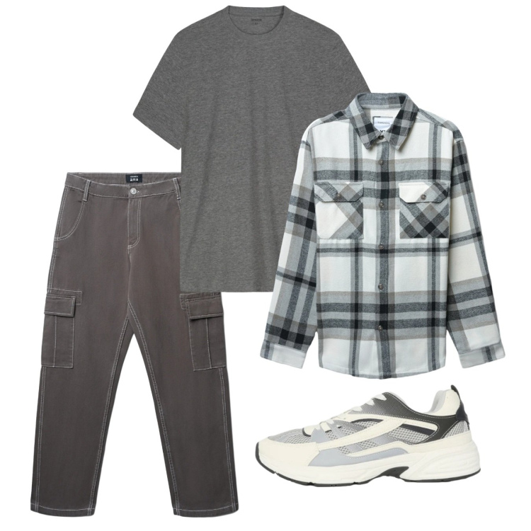 Outfit uomo - Febbraio. Stile Casual per Tutti i giorni. Abbinamento con pantaloni cargo, cappotti, sneakers, t-shirt.