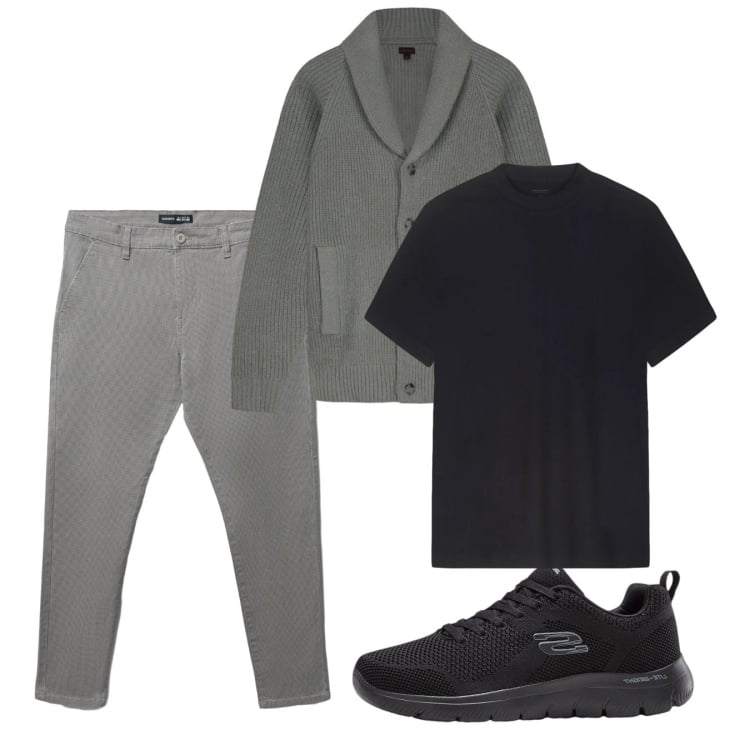 Outfit uomo - Febbraio. Stile Casual per Tutti i giorni. Abbinamento con sneakers, pantaloni chino, cardigans, t-shirt.