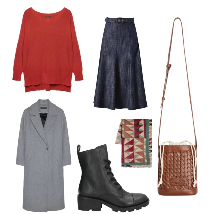 Outfit donna - Freddo (freddo e trendy). Stile Urban per Tutti i giorni. Abbinamento con stivaletti, borse a secchiello, sciarpe, pullovers, cappotti, gonne longuette.