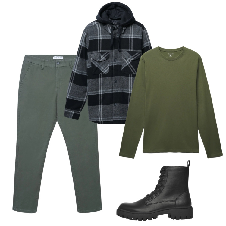 Outfit uomo - Febbraio. Stile Casual per Tutti i giorni. Abbinamento con anfibi, pantaloni chino, giacche, t-shirt.