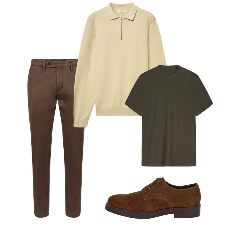 Outfit uomo - Febbraio. Stile Casual per Tutti i giorni. Abbinamento con maglieria, pantaloni chino, scarpe stringate, t-shirt.