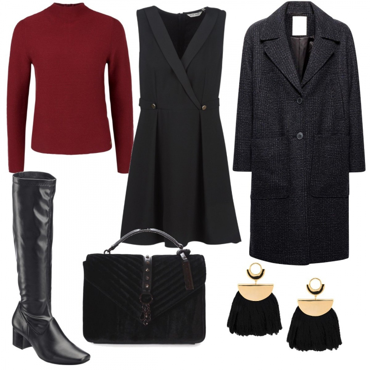 Outfit donna - Orecchini maxi. Stile Trendy per Serata fuori. Abbinamento con stivali, orecchini, vestito corto nero, giubbotto grigio, felpa rosso, borsa a tracolla con borchie in velluto con scomparti nero.