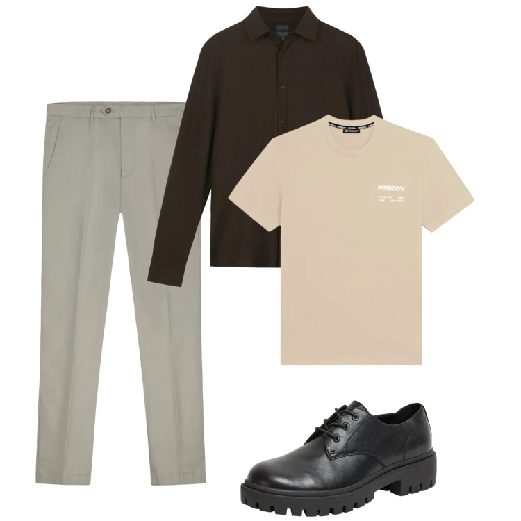 Outfit uomo - Febbraio. Stile Casual per Tutti i giorni. Abbinamento con scarpe stringate, t-shirt sportive, pantaloni chino, polo.