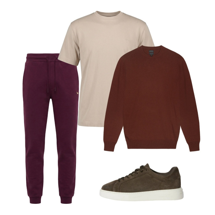 Outfit uomo - Febbraio. Stile Casual per Tutti i giorni. Abbinamento con sneakers, pantaloni, t-shirt, maglieria.