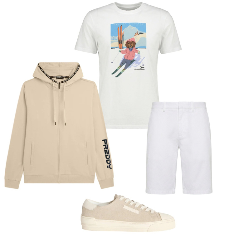 Outfit uomo - Total look #2347224. Stile Trendy per Sport. Abbinamento con sneakers, bermuda, t-shirt, felpe con cappuccio.