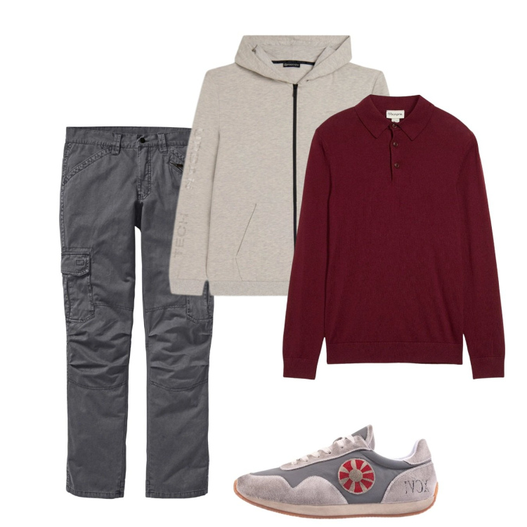 Outfit uomo - Febbraio. Stile Casual per Tutti i giorni. Abbinamento con pantaloni cargo, maglieria, felpe con cappuccio, sneakers.