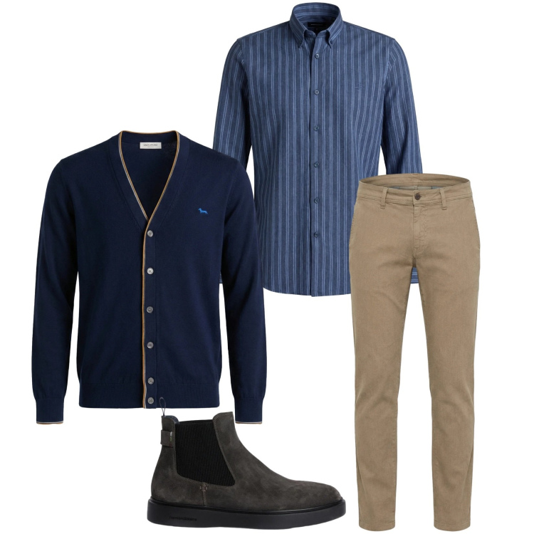 Outfit uomo - Total look #2347252. Stile Trendy per Ufficio. Abbinamento con stivali e stivaletti, cardigans, pantaloni, camicie.