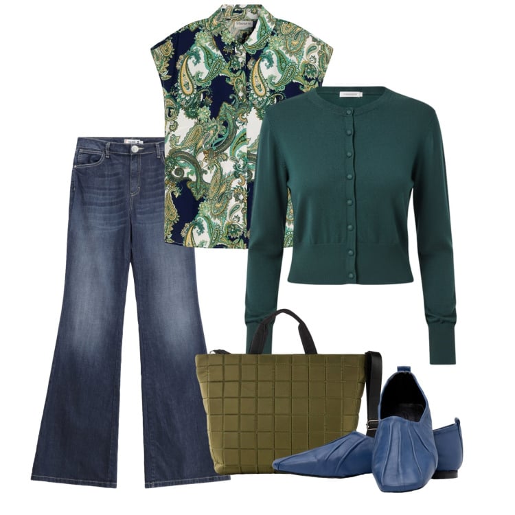 Outfit donna - Febbraio. Stile Bon Ton per Tutti i giorni. Abbinamento con shopping bag, camicie, jeans a zampa, cardigans, ballerine.