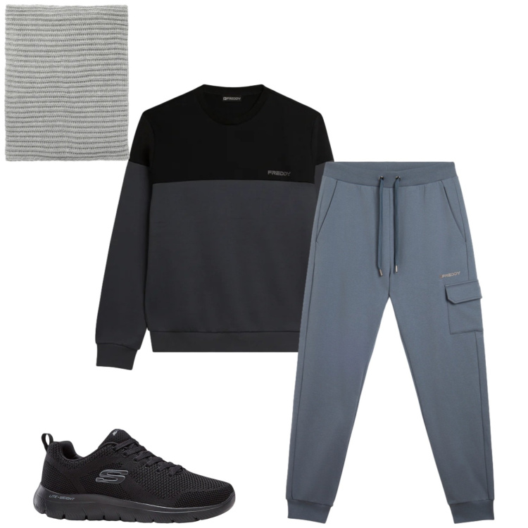 Outfit uomo - Total look #2347264. Stile Urban per Sport. Abbinamento con sneakers, scaldacollo, pantaloni cargo, felpe.