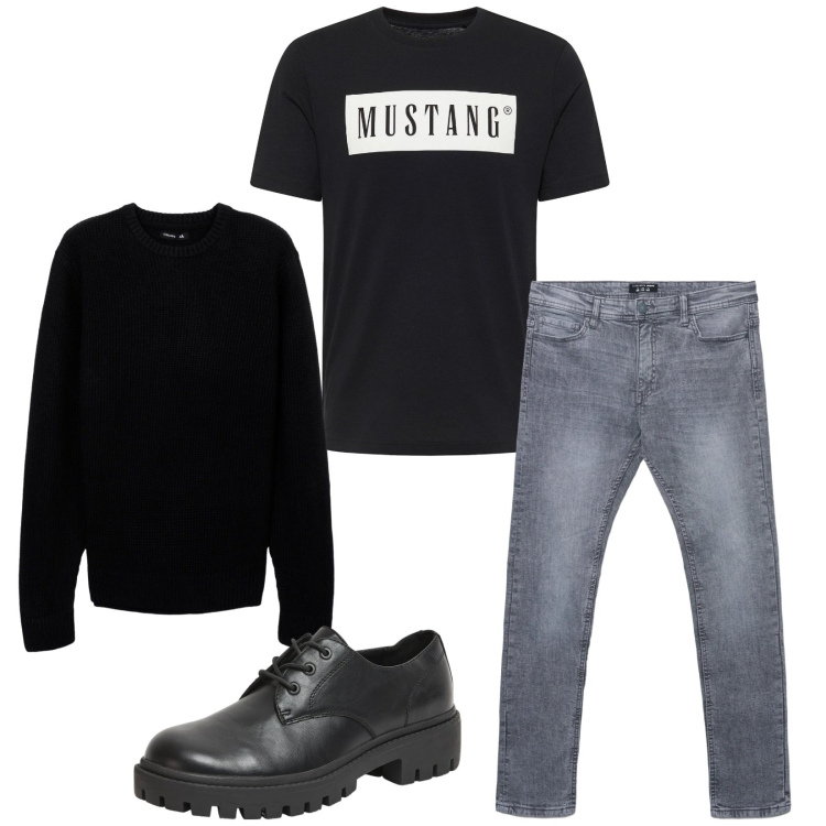 Outfit uomo - Total look #2347270. Stile Trendy per Tutti i giorni. Abbinamento con t-shirt, scarpe stringate, maglieria, jeans skinny.