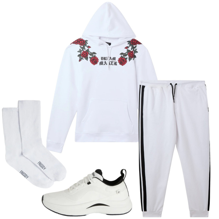 Outfit uomo - Total look #2347271. Stile Urban per Sport. Abbinamento con pantaloni, felpe con cappuccio, sneakers, calzini.