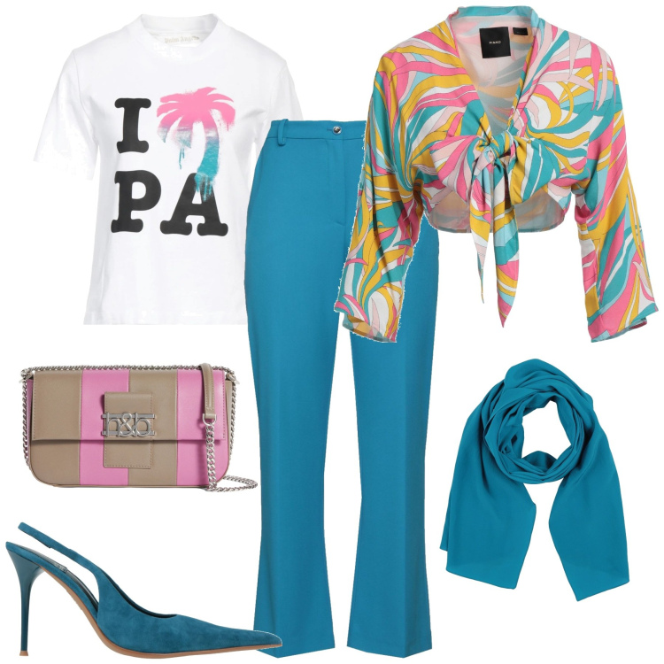 Outfit donna - Spring. Stile Urban per Tutti i giorni. Abbinamento con pantaloni, décolleté, blazer, sciarpe, t-shirt, borse a spalla.