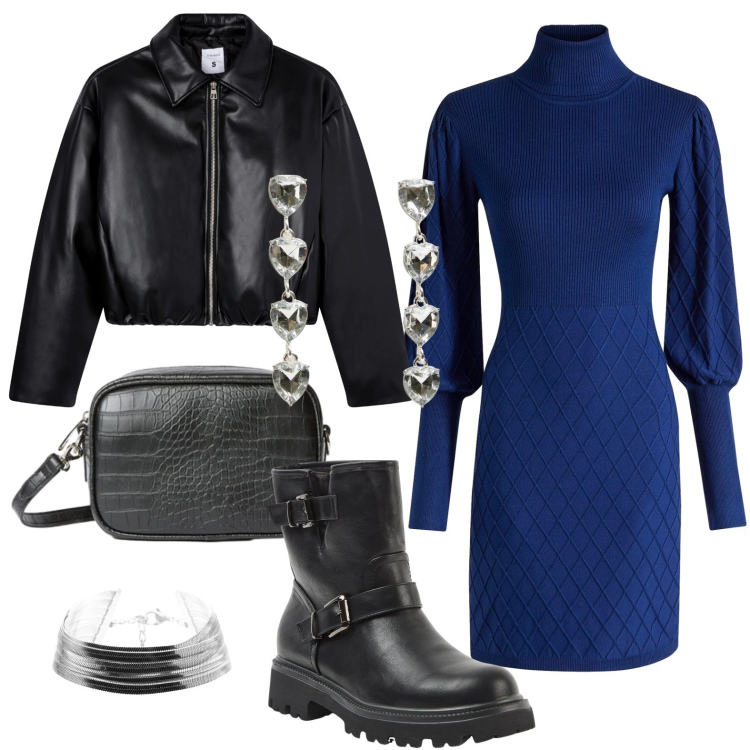 Outfit donna - Stasera aperitivo all\' aperto. Stile Rock per Serata fuori. Abbinamento con vestiti, stivaletti, giacche, orecchini, borse a tracolla, braccialetti.