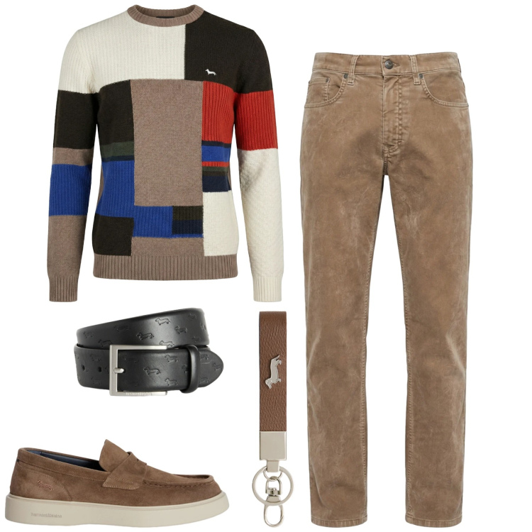 Outfit uomo - Febbraio. Stile Urban per Tutti i giorni. Abbinamento con pantaloni, portachiavi, scarpe stringate, cinture, pullovers.