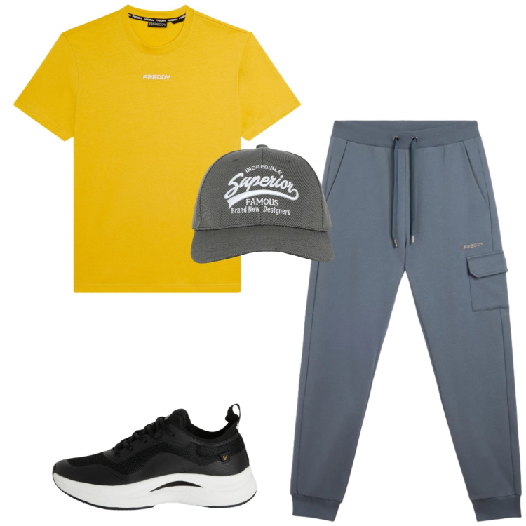 Outfit uomo - Total look #2347306. Stile Urban per Sport. Abbinamento con cappelli con visiera, sneakers, pantaloni cargo, t-shirt.