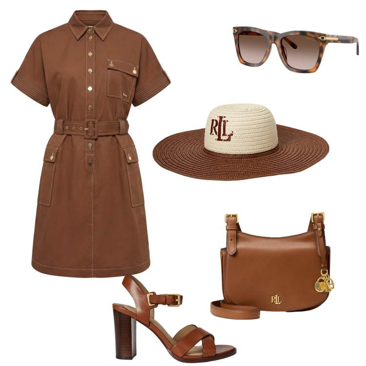 Outfit donna - Total look #2347330. Stile Casual chic per Mare. Abbinamento con vestiti chemisier, cappelli, occhiali da sole, sandali in pelle, borse a tracolla.