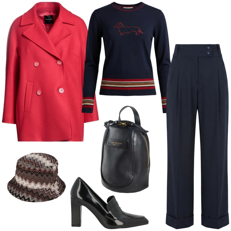 Outfit donna - Total look #2347332. Stile Chic per Ufficio. Abbinamento con caban, zaini, cappelli, mocassini, pantaloni, maglieria.