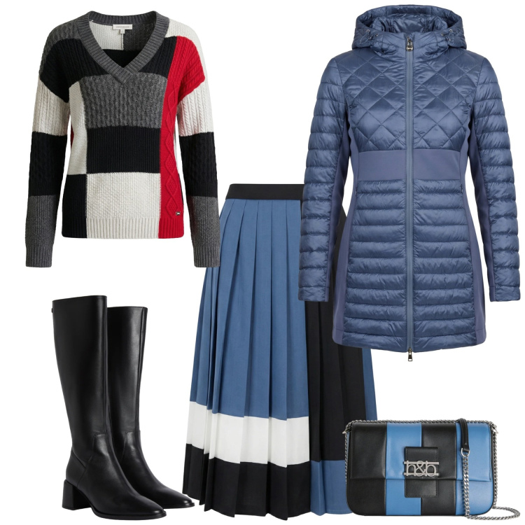 Outfit donna - Mediterraneo Glow - Harmont & Blaime. Stile Chic per Tutti i giorni. Abbinamento con piumini, gonne longuette, borse a tracolla, stivali sopra il ginocchio, maglieria.