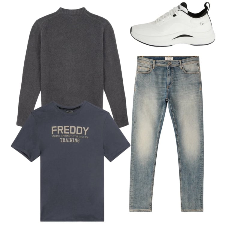 Outfit uomo - Total look. Stile Casual per Tutti i giorni. Abbinamento con jeans skinny, sneakers, t-shirt, maglieria.