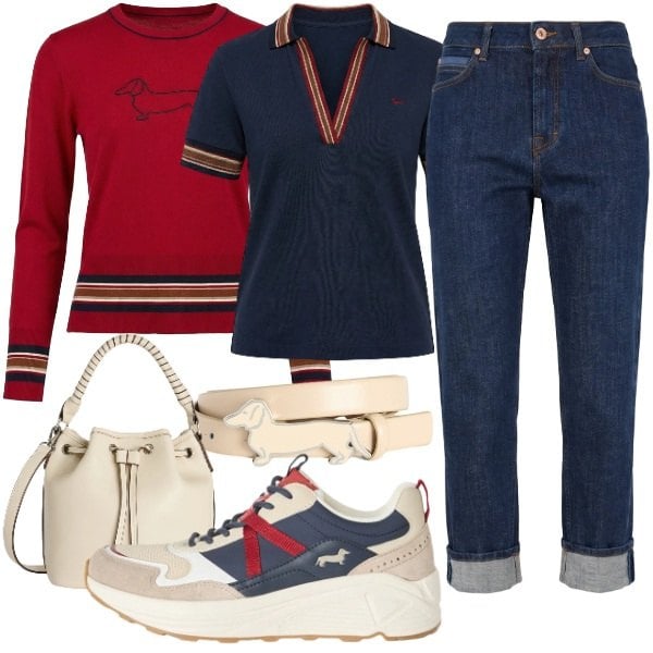 Outfit donna - H&B Preppy Style. Stile Preppy per Tutti i giorni. Abbinamento con sneakers, polo, jeans, maglieria, borse a secchiello, cinture.