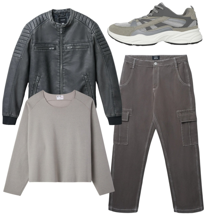 Outfit uomo - Total look. Stile Casual per Tutti i giorni. Abbinamento con sneakers, pantaloni cargo, giacche, felpe.