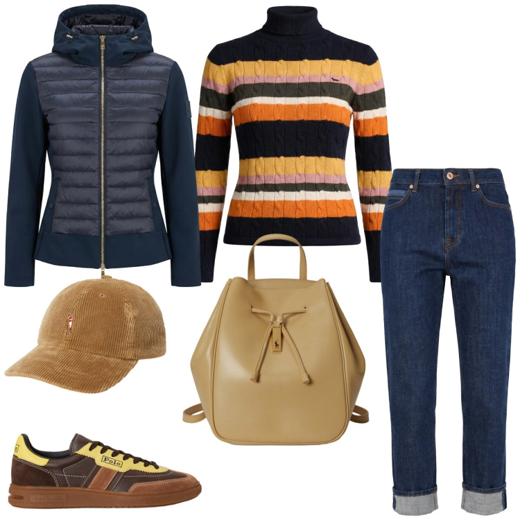 Outfit donna - Take It easy. Stile Casual per Tutti i giorni. Abbinamento con giacche, jeans, maglieria, sneakers, zaini, cappelli con visiera.