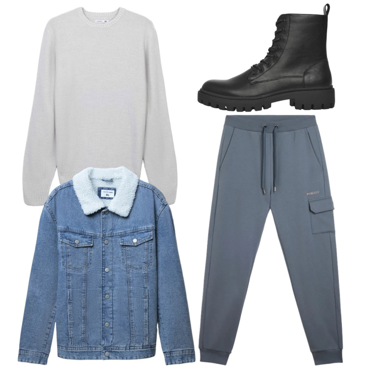 Outfit uomo - Total look. Stile Casual per Tutti i giorni. Abbinamento con anfibi, maglieria, giacche, pantaloni cargo.