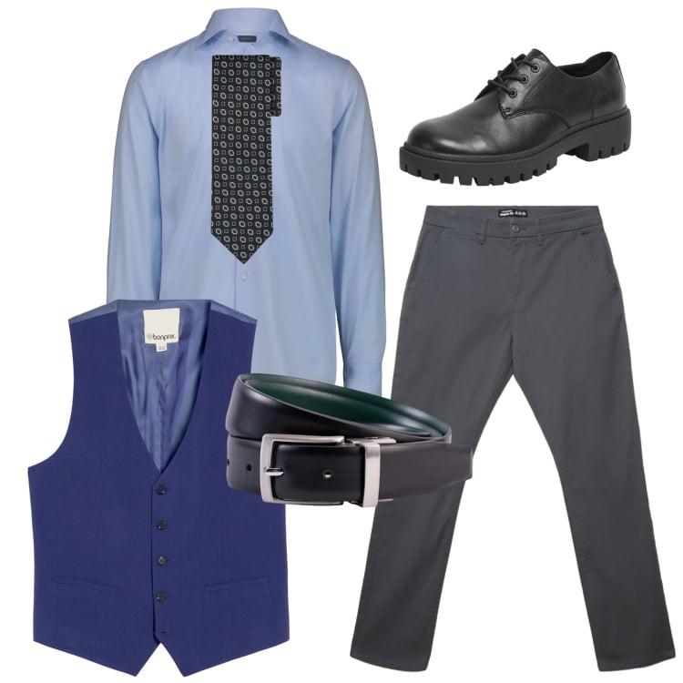 Outfit uomo - Total look. Stile Business/Elegante per Ufficio. Abbinamento con gilet, pantaloni chino, scarpe stringate, camicie, cinture, cravatte.