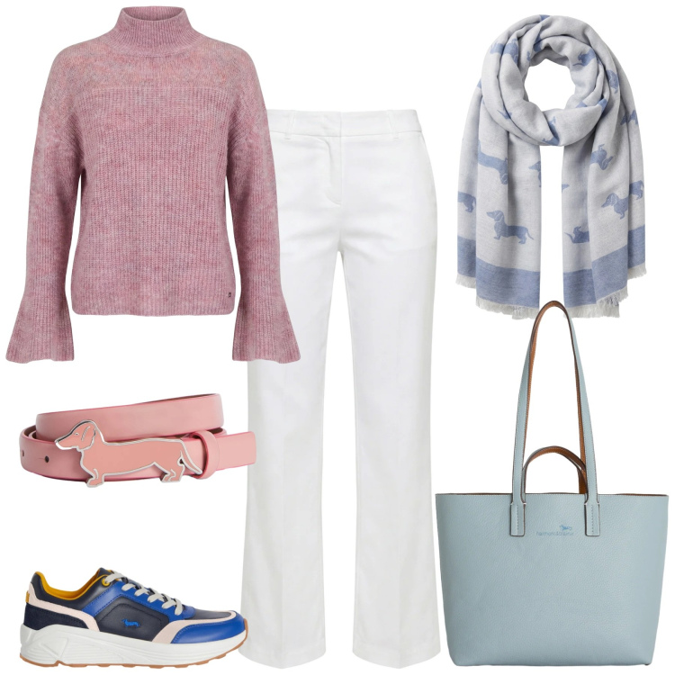 Outfit donna - Total look #2347363. Stile Casual chic per Tutti i giorni. Abbinamento con pantaloni, sneakers, maglieria, shopping bag, sciarpe, cinture.