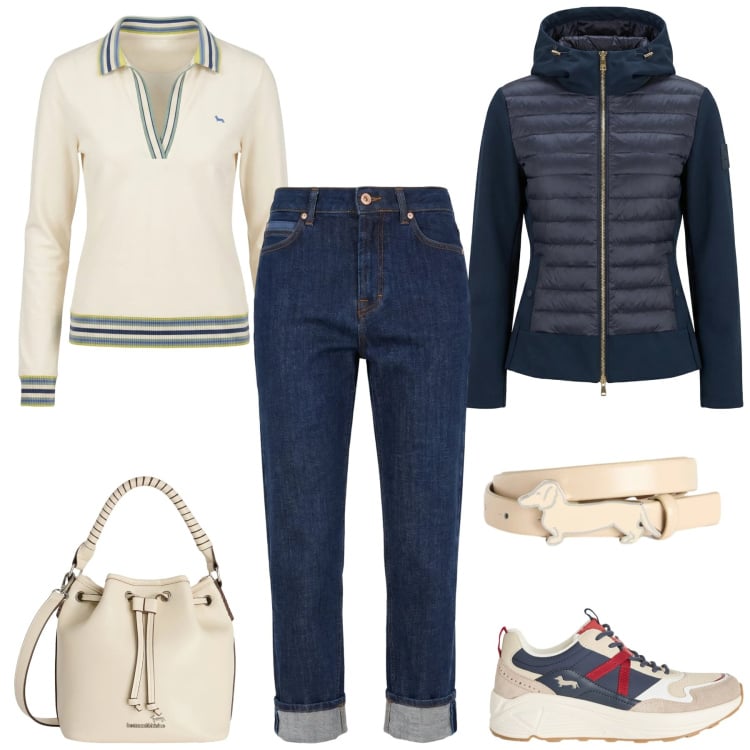 Outfit donna - Total look #2347365. Stile Preppy per Tutti i giorni. Abbinamento con giacche, polo, jeans, sneakers, borse a secchiello, cinture.