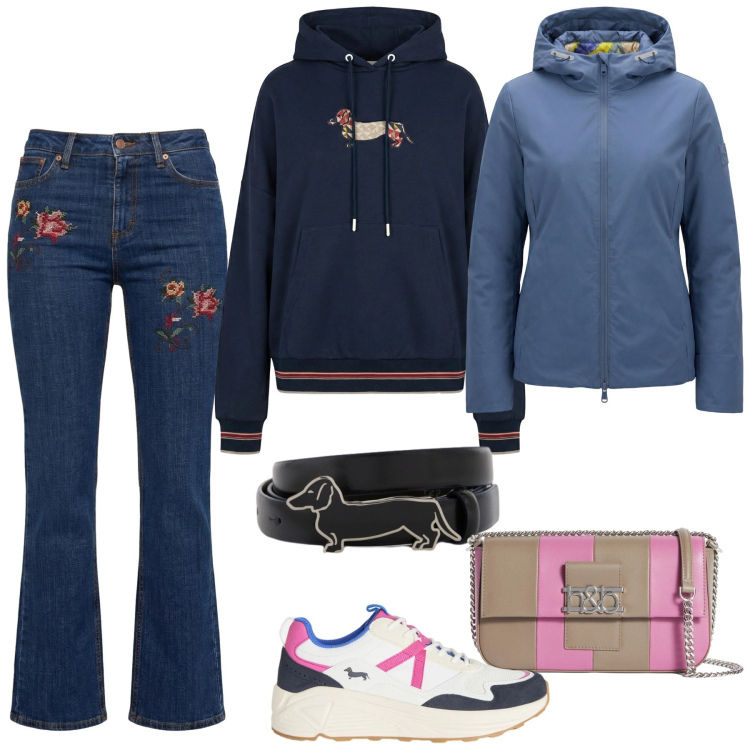 Outfit donna - Total look #2347367. Stile Sporty chic per Tutti i giorni. Abbinamento con sneakers, borse a spalla, jeans, felpe con cappuccio, cinture, piumini.
