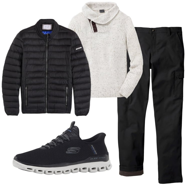 Outfit uomo - Total look #2347368. Stile Casual per Ufficio. Abbinamento con pantaloni cargo, maglieria, sneakers, piumini.