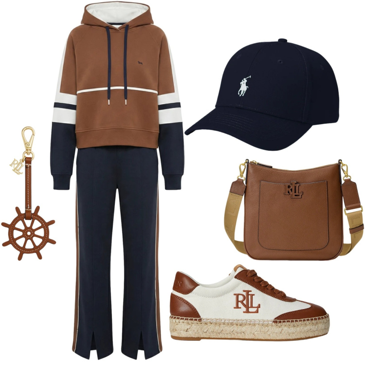Outfit donna - RLL - Comodità. Stile Urban per Tutti i giorni. Abbinamento con tute, borse a tracolla, sneakers, portachiavi, cappelli con visiera.