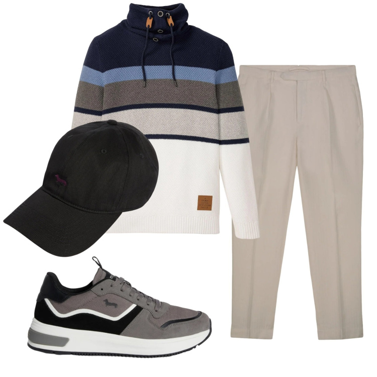 Outfit uomo - Total look #2347375. Stile Casual per Ufficio. Abbinamento con maglieria, sneakers, cappelli con visiera, pantaloni.