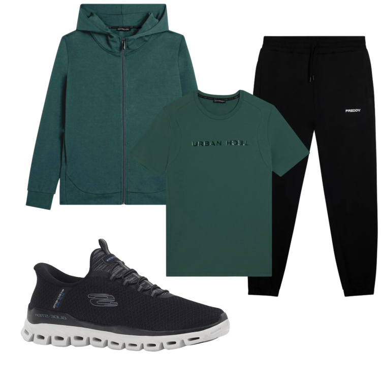 Outfit uomo - Total look #2347378. Stile Casual per Sport. Abbinamento con sneakers, felpe con cappuccio, t-shirt sportive, pantaloni sportivi.