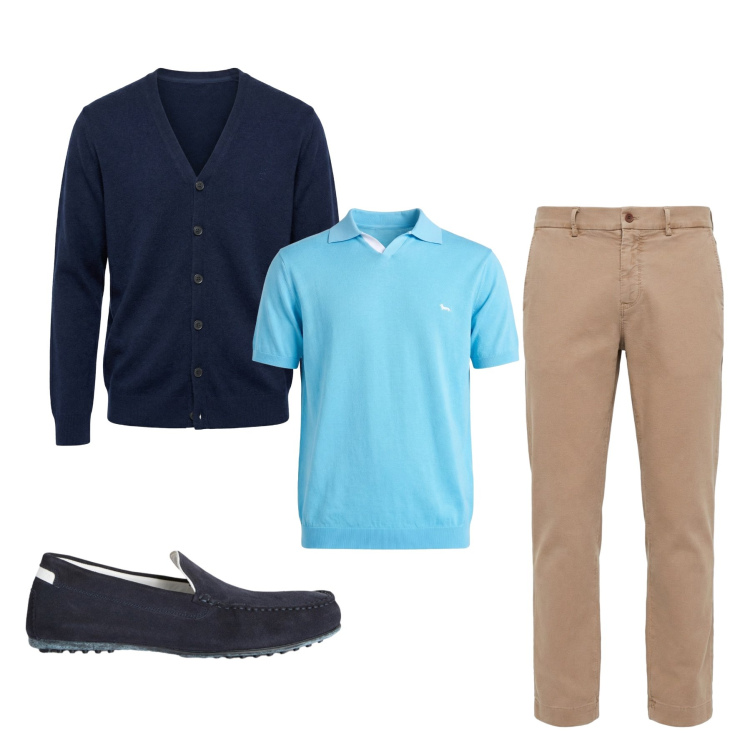 Outfit uomo - Tramonto a Portofino. Stile Urban per Tutti i giorni. Abbinamento con pantaloni chino, scarpe stringate, polo, cardigans.