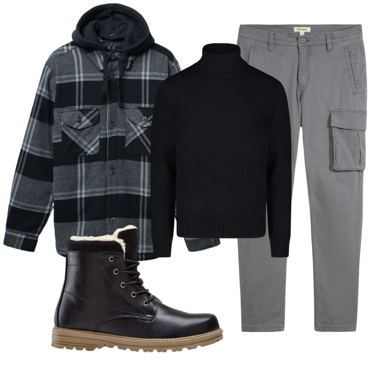 Outfit uomo - Total look #2347381. Stile Casual per Tutti i giorni. Abbinamento con stivali e stivaletti, pantaloni cargo, giacche, maglieria.