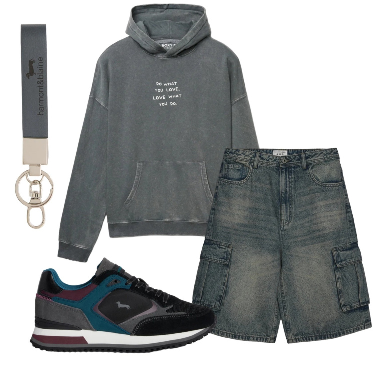 Outfit uomo - Total look #2347383. Stile Trendy per Tutti i giorni. Abbinamento con sneakers, portachiavi, pantaloni corti, felpe con cappuccio.