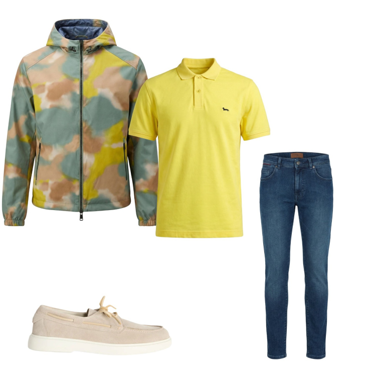 Outfit uomo - Solar Camo & Denim Essence. Stile Urban per Tutti i giorni. Abbinamento con scarpe stringate, giacche, jeans slim fit, polo.