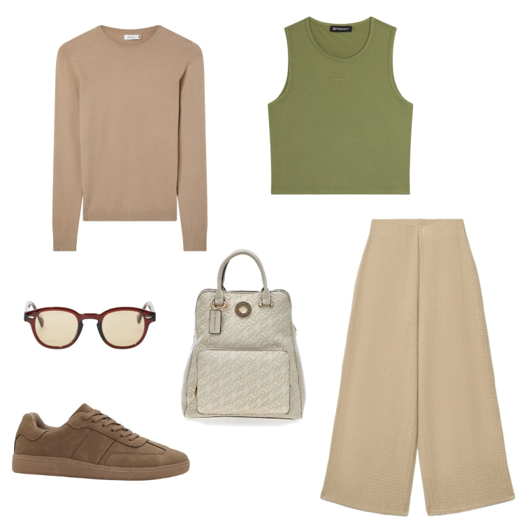 Outfit donna - Giornata casual. Stile Casual per Scuola/Università. Abbinamento con sneakers, pantaloni a palazzo, maglieria, occhiali da sole, top, zaini.