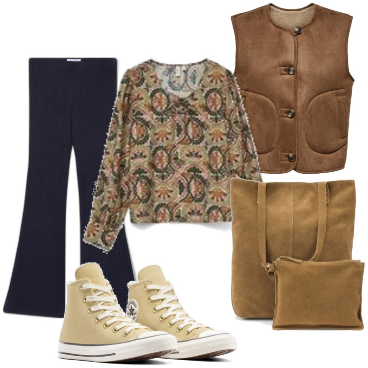 Outfit mujer - Casual look. Estilo Casual para Todos los días. Combinación con sneakers, bolso tote, blusas, chalecos, pantalones.