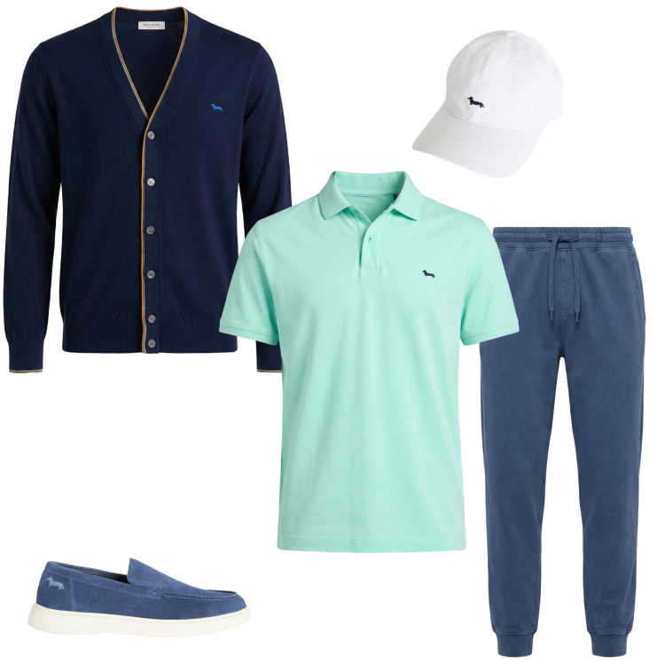 Outfit uomo - Mint Freshness & Relaxed Tailoring. Stile Trendy per Tutti i giorni. Abbinamento con cappelli, cardigans, polo, sneakers, pantaloni.